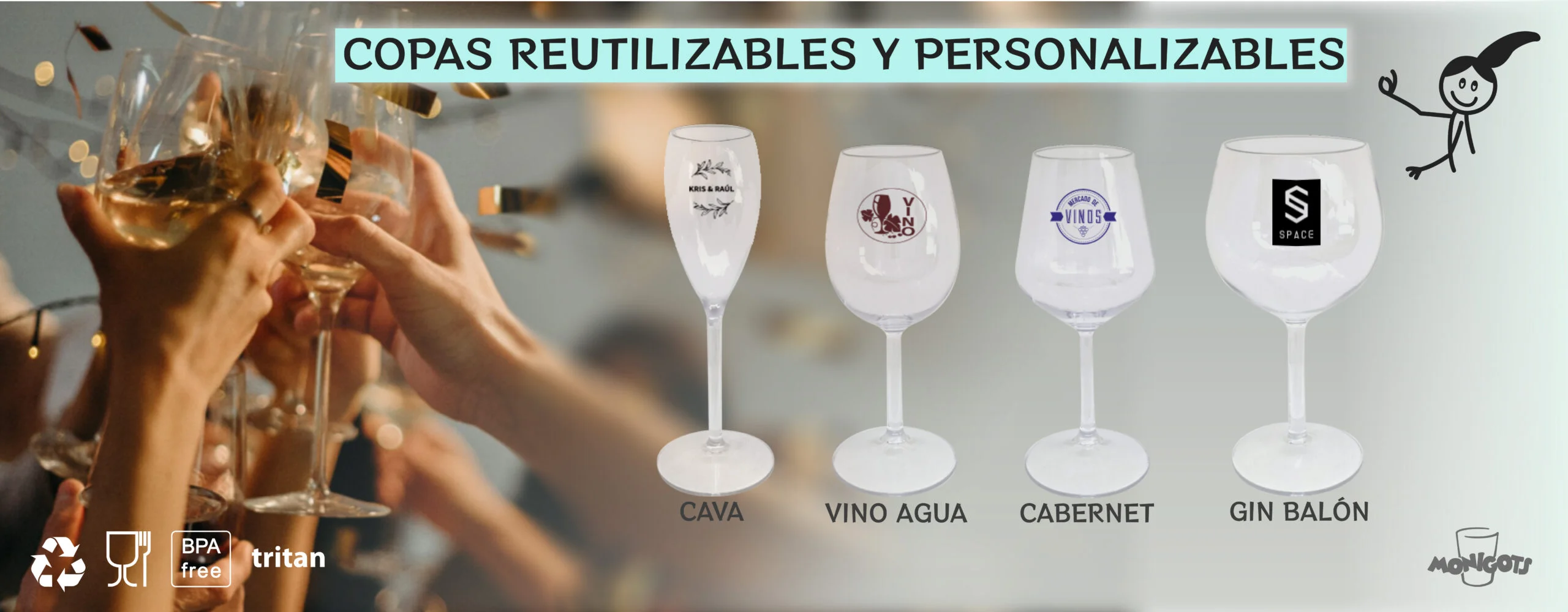 copas para eventos, material Tritan, personalizables, somos fabricantes de copas personalizables ecológicas.